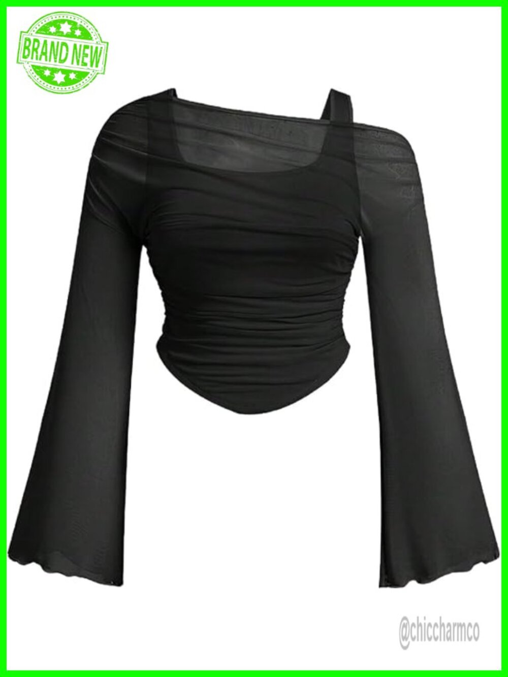 Plus Size Off Shoulder T-Shirt Asymmetrical Neck Ruched Bell Long Sleeve Top